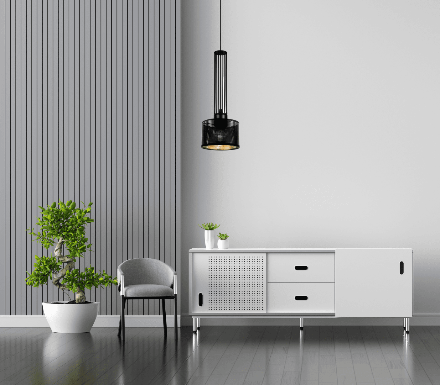 Czarno-złoty klosz wiszący nad gustowną komodą w minimalistycznym pomieszczeniu, pojedyncza lampa sufitowa tworząca przytulną atmosferę.