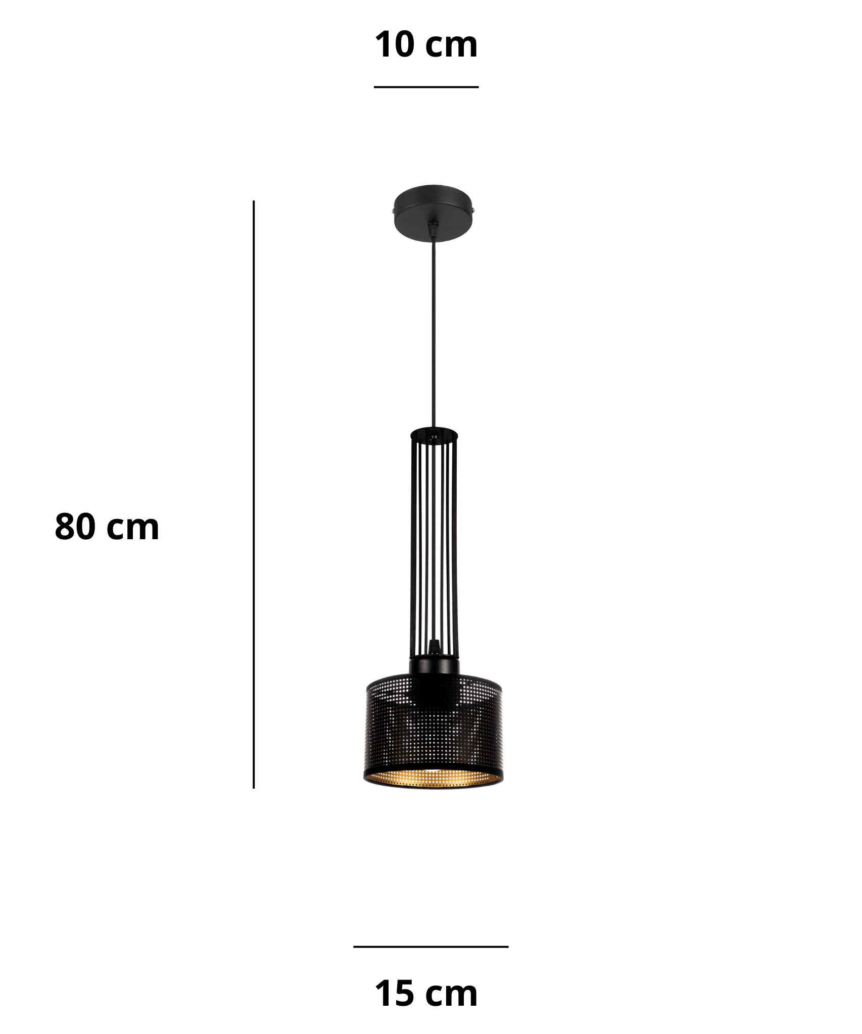 Lampa sufitowa czarna ze złotym wnętrzem, pojedynczy perforowany klosz wiszący, widok techniczny z wymiarami.