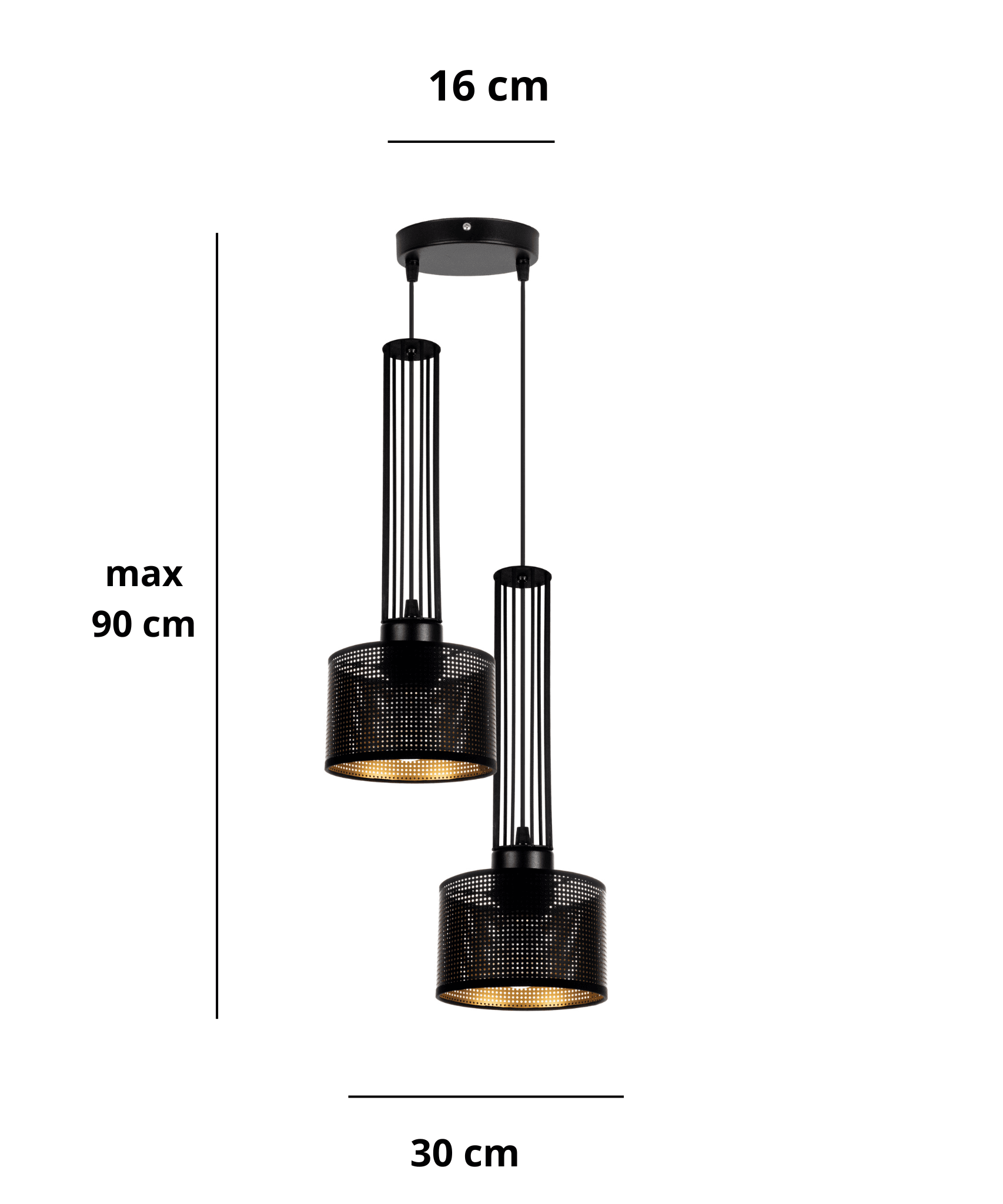 Podwójna lampa sufitowa czarna ze złotym wnętrzem, asymetryczny układ kloszy, widok techniczny z wymiarami.