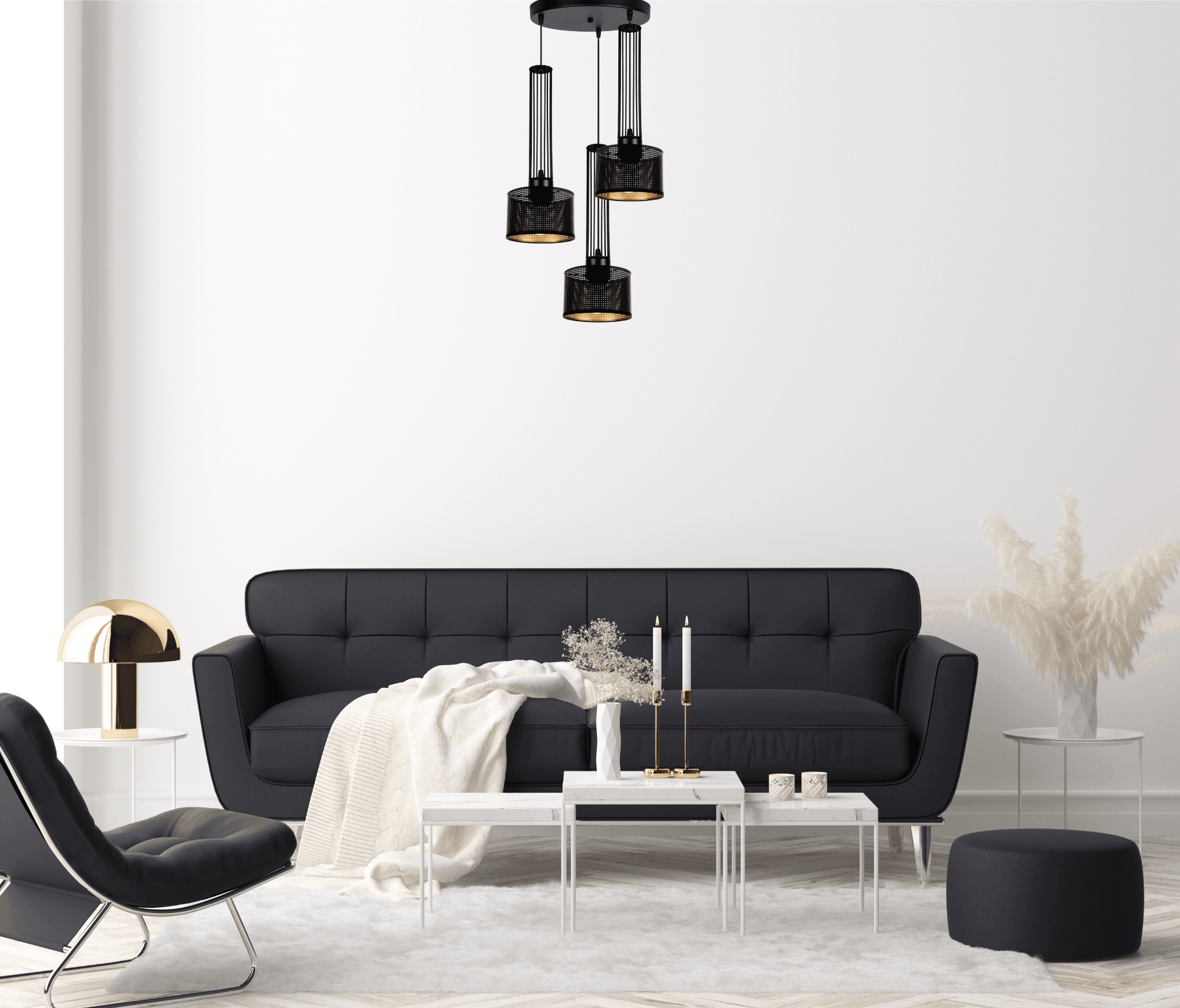 Czarno-złota lampa sufitowa z asymetrycznymi kloszami, dekoracyjny akcent w nowoczesnym wnętrzu.