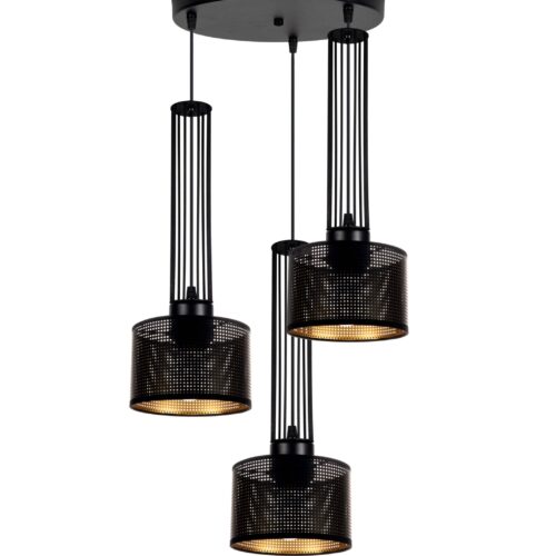 Potrójna lampa wisząca ELIS 15 Triple Asymetria – designerskie oświetlenie z asymetrycznymi kloszami. Potrójna lampa wisząca ELIS 15 Triple Asymetria z perforowanymi kloszami o różnych długościach, czarny stelaż, nowoczesny design.