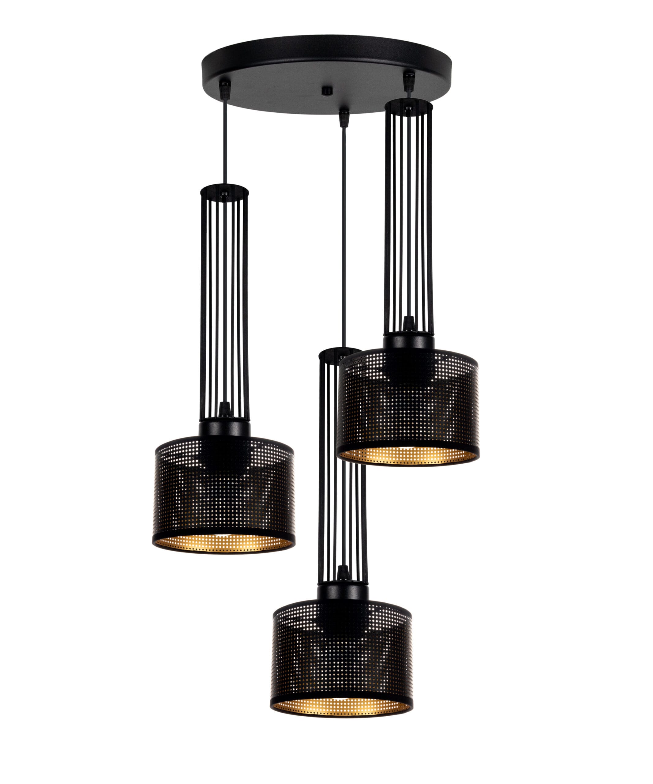 Potrójna lampa wisząca ELIS 15 Triple Asymetria – designerskie oświetlenie z asymetrycznymi kloszami. Potrójna lampa wisząca ELIS 15 Triple Asymetria z perforowanymi kloszami o różnych długościach, czarny stelaż, nowoczesny design.