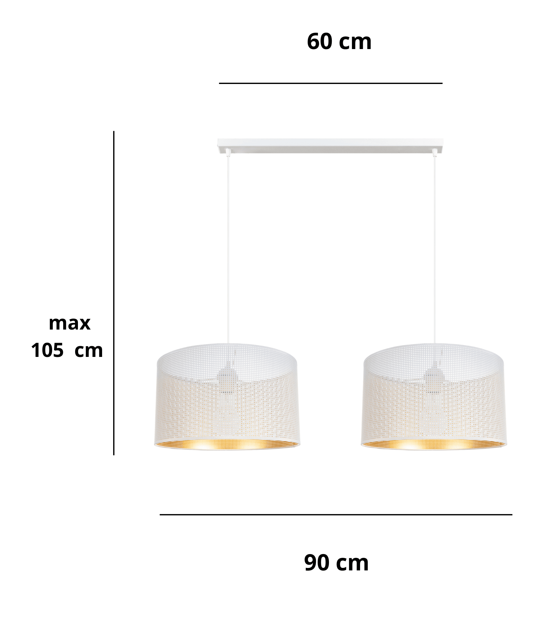 Wymiary lampy sufitowej Aldo 40 podwójnej w kolorze biało-złotym, z perforowanymi abażurami i długością podsufitki 60 cm.