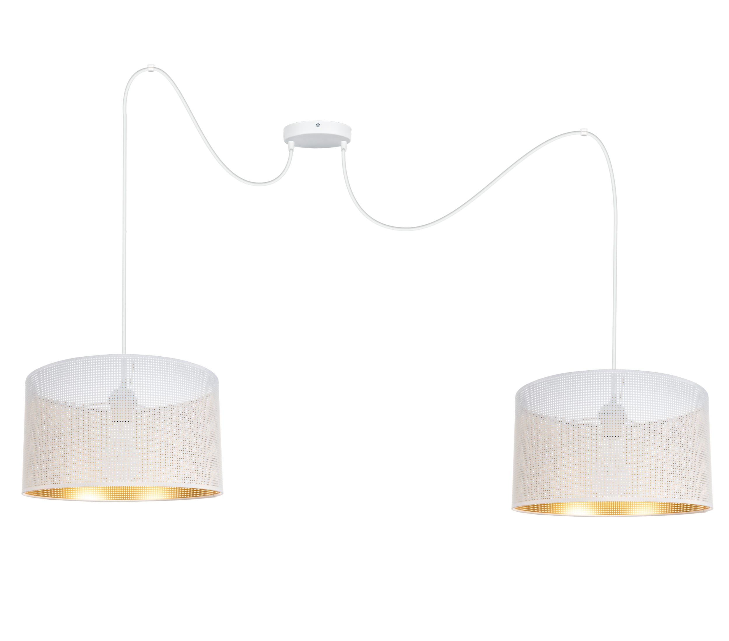 Lampa sufitowa Aldo 40 szeroka, podwójna – biało-złoty abażur z dużym rozstawem przewodów Lampa sufitowa ALDO podwójna z abażurami biało-złotymi na białym stelażu, z dużym rozstawem przewodów