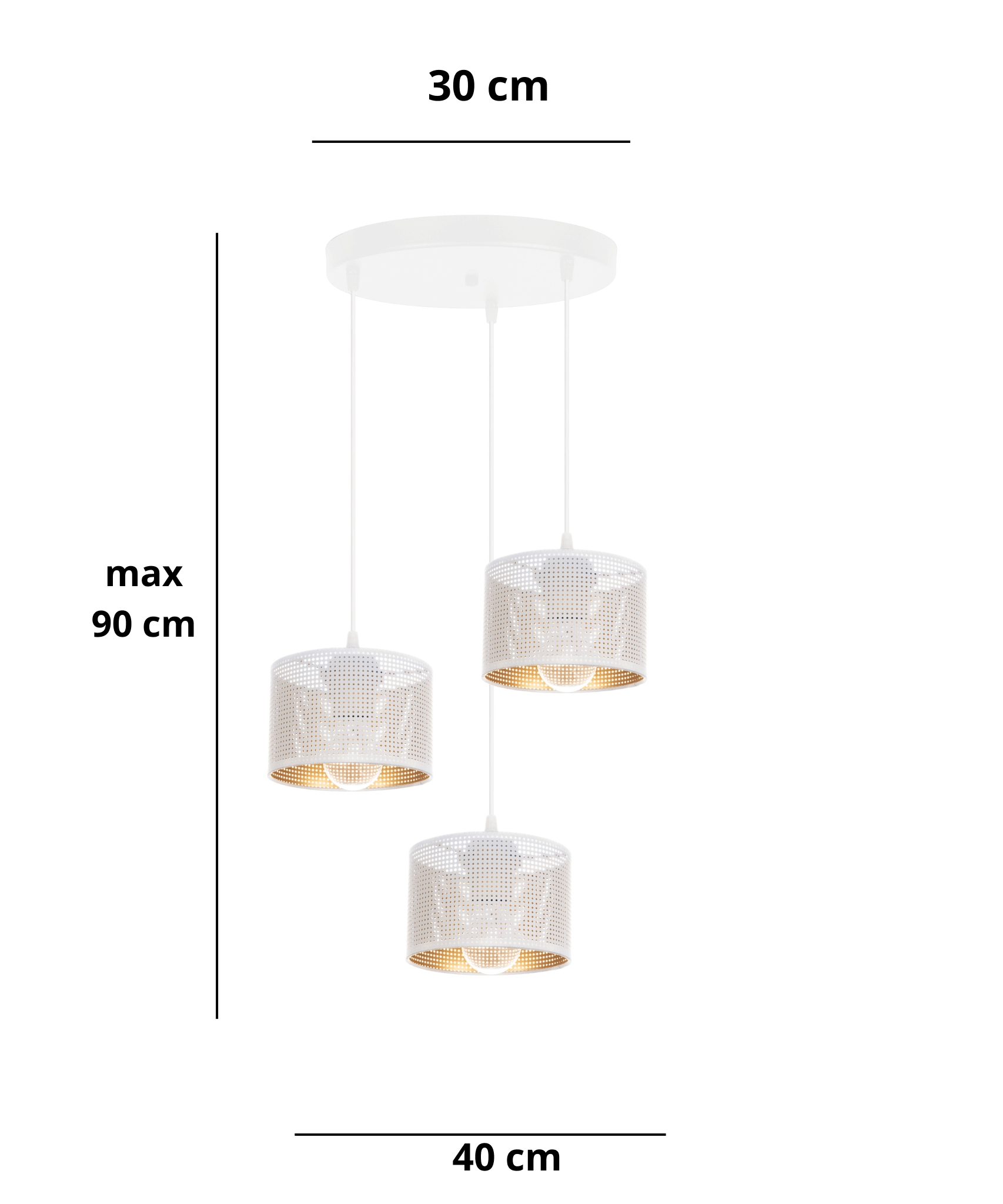 Lampa sufitowa ALDO 15 asymetria potrójna z trzema abażurami - wymiary