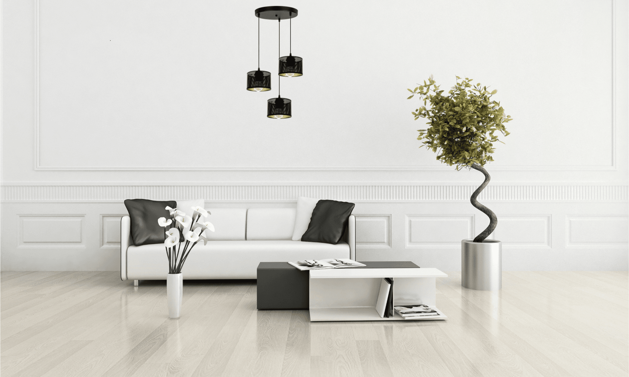 Lampa Aldo 15 asymetria potrójna czarna zawieszona w nowoczesnym salonie z minimalistycznym wystrojem