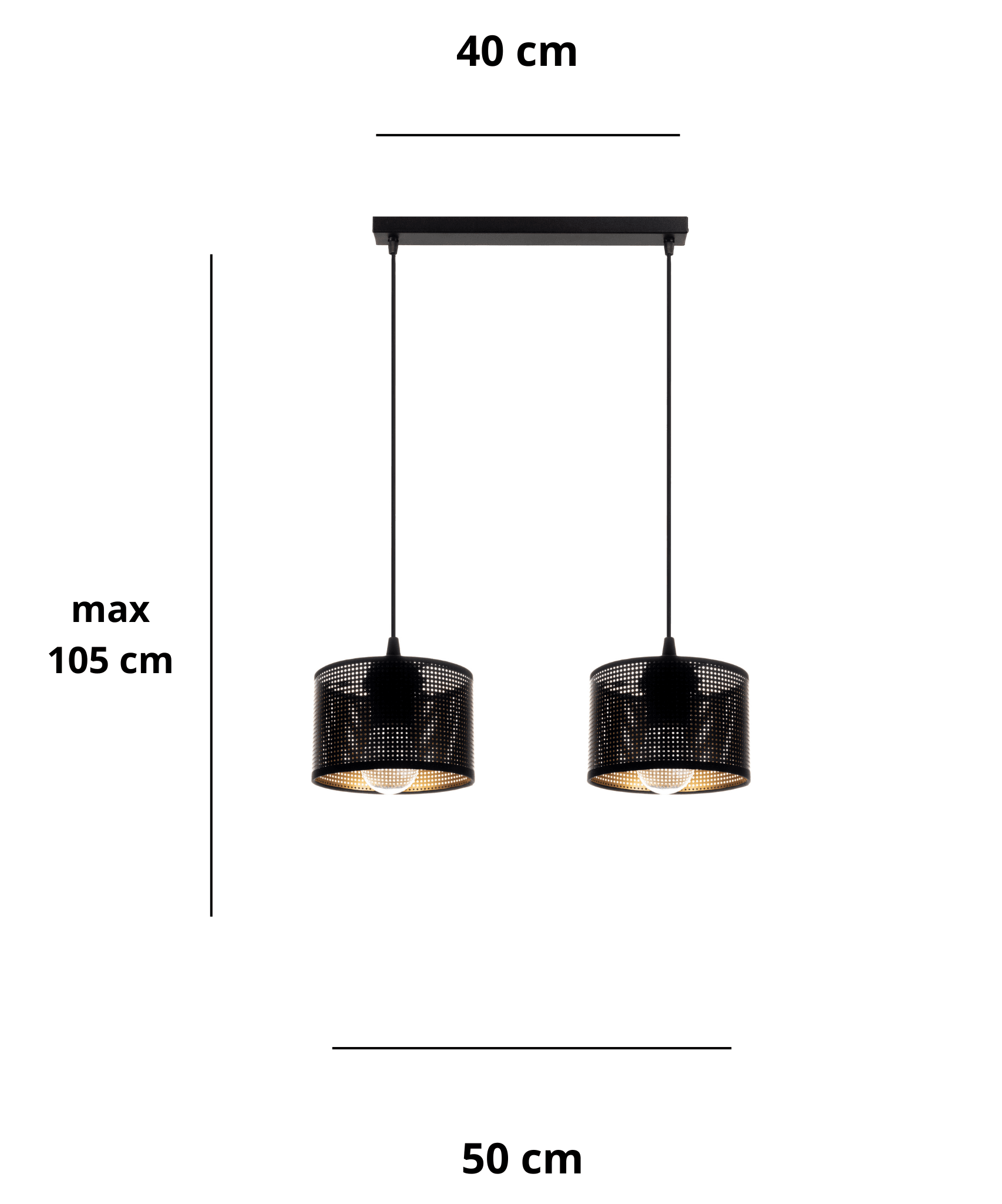 Wymiary lampy Aldo 15 podwójna czarna z podsufitką o długości 40 cm i łączną szerokością lamp 50 cm